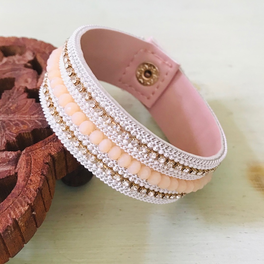 Faux Leather Snap Cuff Bracelet Rose Gold Diamonds